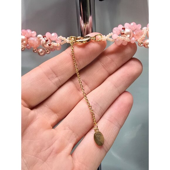 Crafted Gemstone Coral inspired Beaded Waterfall Pink Cream Necklace Earring Set - Picture 8 of 13